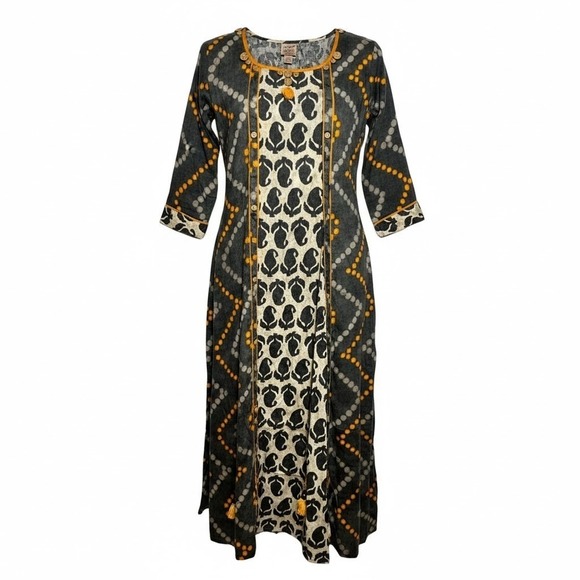 Zoie Boutique Dresses & Skirts - Zoie Dress Womens Actual XS Gray Orange Midi Bohemian Tassels Cotton Sheath - AC